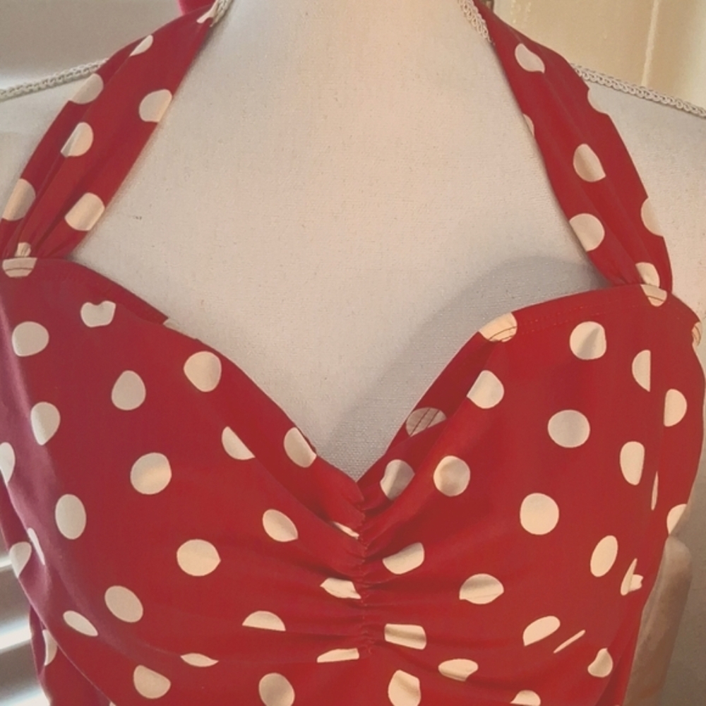 🏊👙Esther Williams Vintage Red Polka Dot  Rusched Front Drape Swimsuit Size 16 - Picture 6 of 9